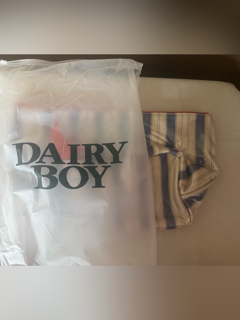 Dairy Boy Striped Blue and White Cosmetic Pouch with Pink - Picture 3 of 4